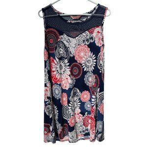 SJS Shift Tunic Dress Size Medium Floral Mesh Sleeveless Navy Blue Red Bohemian